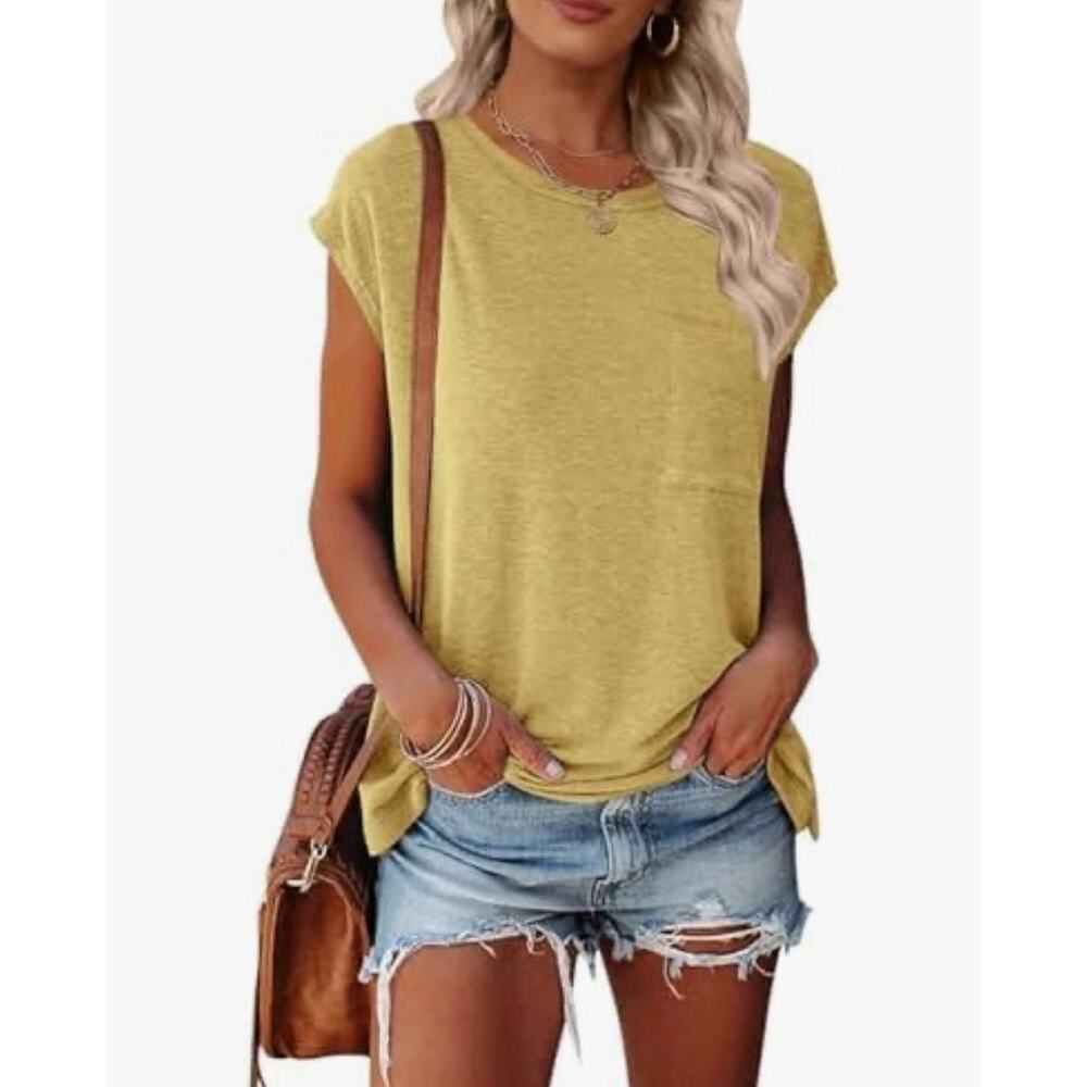 Merokeety Shirt Womens M Yellow Cap Sleeve Stretch Tee Modest Casual Top